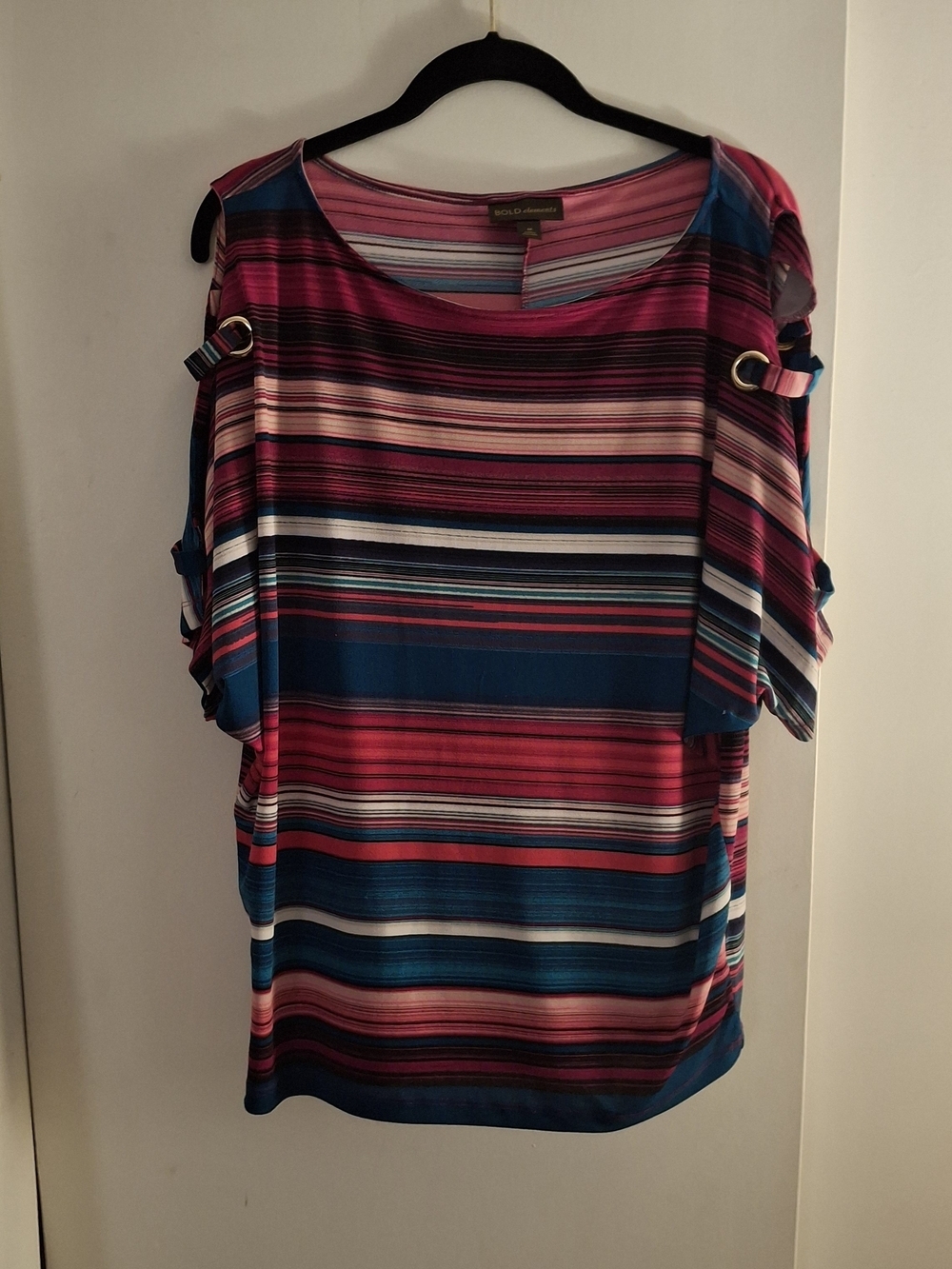 BOLD Elements Women's Pink & Teal Striped Cold-Shoulder Top
